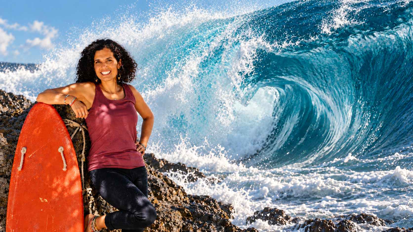 Kiran am Meer vor einer kraftvollen Welle